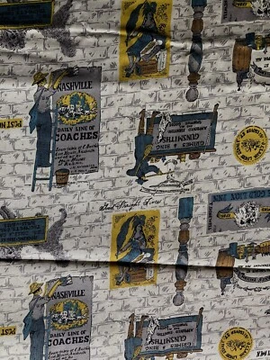 Vintage Advertising Logos Cotton Fabric Print Mustard, Pewter, Navy Gray 2Yards - Image 1 of 4