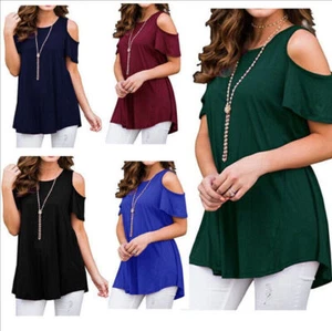 HOT Womens Cold Shoulder Solid Top Blouse Female Short Sleeve Casual T-Shirt Tee - Picture 1 of 24