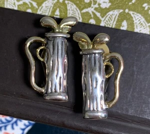 Vintage Golf Ohrringe Silber & Goldfarben Metall 1" Clip, Golftasche & Schläger - Bild 1 von 9