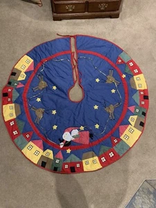 Vintage 56” Quilted Blue Santa Reindeer House Chr Tree Skirt New N Package - Picture 1 of 7
