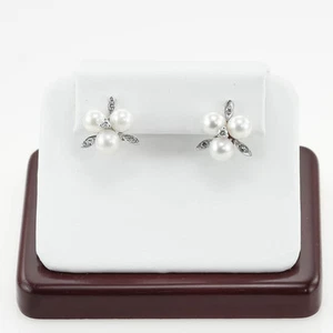 VINTAGE FINE LADYâS PEARL & DIAMOND EARRINGS POST AND PUSH BACK 14K WHITE GOLD - Picture 1 of 4