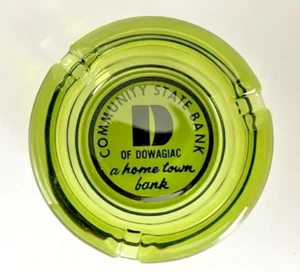 Vintage Community State Bank of Dowagiac, MI Green Glass Ashtray - 4.25" - Picture 1 of 3