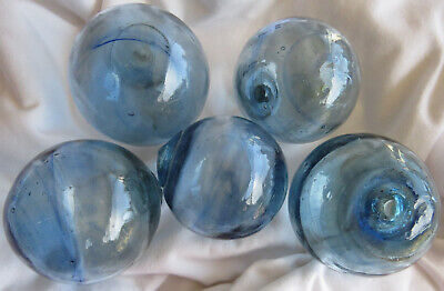 JAPANESE GLASS  Fishing FLOATS Lot-5 Aqua/Blue 3-3.5  Each W/Blue Swirls Antique • 116.29$