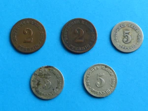 5MÜNZEN DEUTSCHES REICH KAISERREICH 2 PFENNIG 1874,1875+5 PFENNIG 1875,1903,1909 - Bild 1 von 4