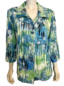 NWT Draper's & Damon's Blue, Green, White Floral Print 3/4 Sleeve Jacket Sz XL - Picture 1 of 4