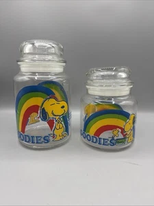 Snoopy Woodstock Peanuts Goodies Rainbow Glass Canisters Set Of 2 7”, 5.5” VTG - Picture 1 of 13