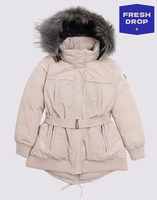 UVP 600€ ADD JUNIOR Daunen Parka Jacke Größe 8Y Beige Gürtel Waschbärfellbesatz - Bild 1 von 4