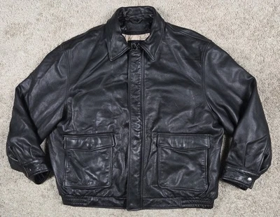 Jos A Bank Genuine Leather Black Bomber Jacket Mens XL Wool Blend Lined Full Zip - Image 1 of 4