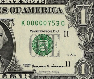 1999 $1 Federal Reserve Note Low 3 digit Serial Number Dallas K00000753C PMG65 - Picture 1 of 4