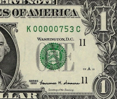 1999 $1 Federal Reserve Note Low 3 digit Serial Number Dallas K00000753C PMG65 - Image 1 of 4