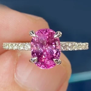 Anello Diamante Zaffiro Rosa Oro Bianco 14k Certificato 2,44 Ct Coltivato in ... - Foto 1 di 11
