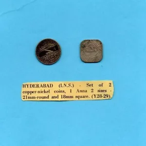 Hyderabad (I.N.S) Set of 2 Coins 1 Anna 2 Sizes 21mm Round & 18mm Square - Picture 1 of 2