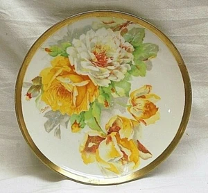 Martin Signed Porcelain Hand Painted Plate Yellow & White Roses Gold Trim Vntage - Picture 1 of 4