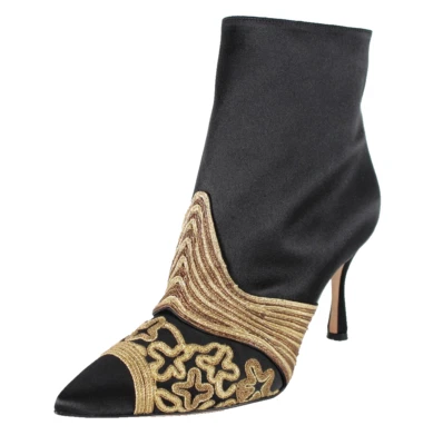 Botas de tornozelo MANOLO BLAHNIK preto cetim dourado bordado MILAAYA salto alto 39 - Imagem 1 de 4
