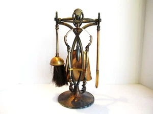 Vintage Metall Tischplatte Kamin Utensilien Kupfer Besen Zange Schaufel Schürhaken Ständer - Bild 1 von 17