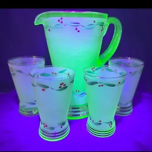 Uranium Glass Crown Crystal Christmas Water Set 5pc Frosted Hand Painted Jug Cup - Picture 1 of 22