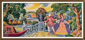 Embroidered-Picture-Crewel-Needle-Cross-Embroidered "RENDEZVOUS IN THE GARDEN" - Picture 1 of 8