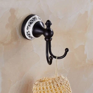 Oil Rubbed Bronze Ceramic Base Wall Mount Double Bathroom Towel Robe Hook ZD753 - Picture 1 of 5