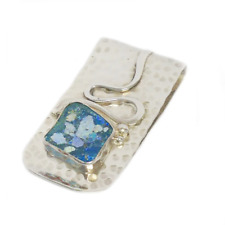 Hammered Sterling Silver Money Clip with Blue Roman Glass Surface Hanukkah Gift