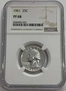 1961 NGC PF68 90% SILVER PROOF WASHINGTON QUARTER GREAT EYE APPEAL 25c WHITE LB - Picture 1 of 3