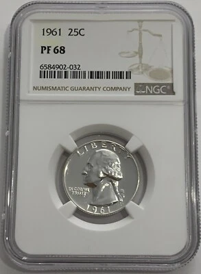1961 NGC PF68 90% Silver Proof Washington Quarter Great Eye Appeal 25c White Lb - Image 1 of 3