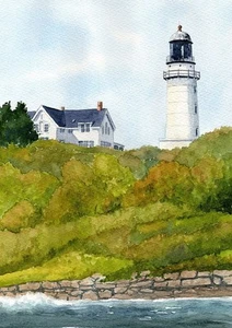 Cabo Elizabeth East Lighthouse Maine dos luces enmarañadas acuarela estampados artísticos - Imagen 1 de 2