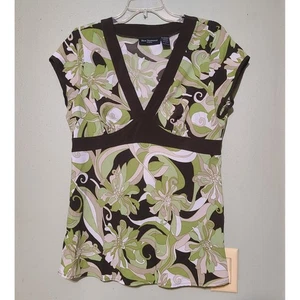Blue Diamond Floral Print Top Brown Green V Neck Short Sleeve Y2K Blouse L - Picture 1 of 4