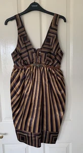Full Circle Gorgeous Bronze Tone Stripes Strappy Short Party Dress Lined S 8-10 - Picture 1 of 4