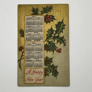 Vintage Postkarte Ein frohes neues Jahr mit Kalender 1910 Gold Stechpalme & Beeren - Bild 1 von 2