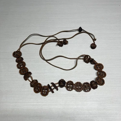 Vintage Leather Woven Wood Black Walnut Shells Tie Belt Hippie Boho Head Band - Image 1 of 4