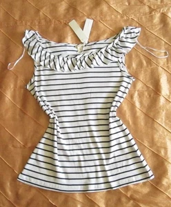 ESPRIT DAMEN OFF SHOULDER RIPP TOP SHIRT VOLANTS WEISS SCHWARZ GESTREIFT XL 42 - Bild 1 von 9