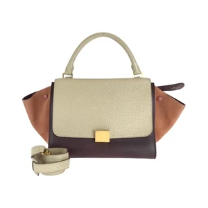 CELINE Trapeze Shoulder Bag Handbag 2way Bordeaux Ivory Orange Suede - Picture 1 of 10