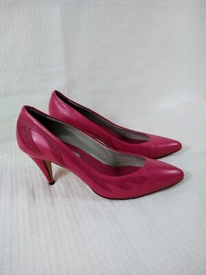 Zapatos de salón vintage de cuero italiano rosa intenso Bandolino años 80 bordado retro talla 6,5 Foto 1 de 4