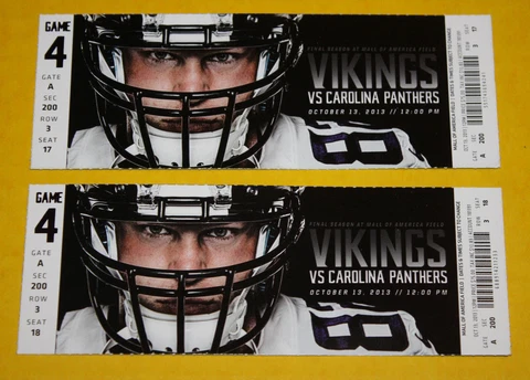 Minnesota Vikings Ticket Stub | October 13 2013 | Cam Newton 3 TD Steve Smith TD Cover