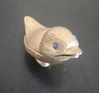 Mini Brass/ Gold Colored Metal Bird Trinket Box With Blue Glass Eyes Vintage 