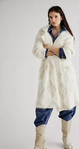 Free People David Cardi Jacket Furry Diamond Knit Pattern Longline Ivory L NWT - Picture 1 of 6