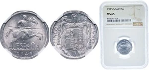 Spain 1945 5 Centimos Aluminium 975 aluminium 25 copper NGC MS 65 - Picture 1 of 1