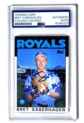 BRET SABERHAGEN SIGNED Topps 1986 Card MVP CY AUTOGRAPH Kansas City Royals PSA - Image 1 of 2