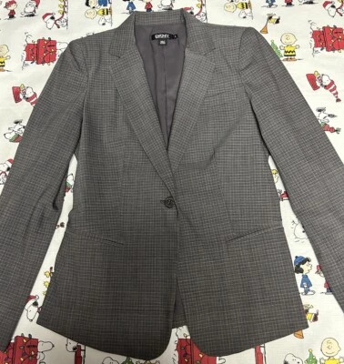 Traje Falda Mujer DKNY, Lana Fina, Chaqueta Un Botón, Gris Rosa Cuadros, Talla 6 Foto 1 de 4