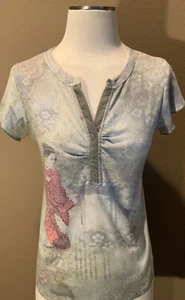 One World S Green & Pink Cotton V Neck Asian Print Boho T Shirt Top - Picture 1 of 6