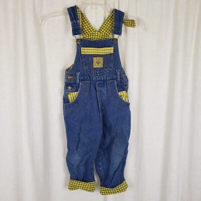 Vintage Kids SuperMax Yellow Teddy Bear Checked Denim Jeans Overalls 104 Size 4 - Image 1 of 4