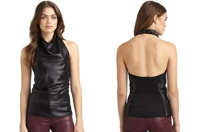 Halston Heritage Top Halter Lacado Satinado Cuello Cortina Negro Nuevo LSN0100105 abierto Foto 1 de 4