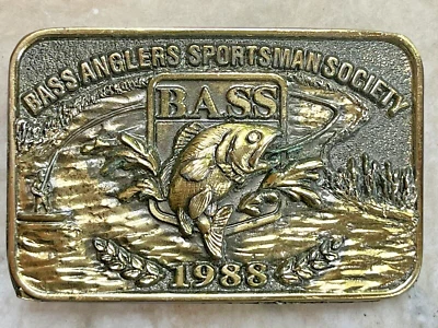 Hebilla de cinturón de pesca vintage 1988 Bass Anglers Sportsman Society hebilla de 3x2" Foto 1 de 4