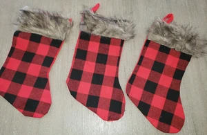 3 MATCHING RED BLACK PLAID CHRISTMAS STOCKINGS 17 INCH FAUX FUR TRIM BOY GIRL - Picture 1 of 1