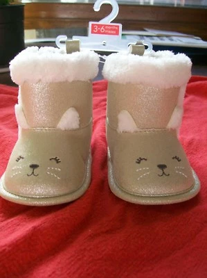 Nuevo JOY Carter's Bebé Niña Dorado Brillo Piel Borde Botas Gato Tema Talla 3-6 Mos Foto 1 de 4