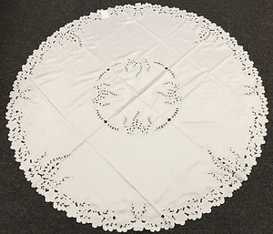 Solid White 70" Round Embroidered Cutwork Peacock Embroidery Satin Tablecloth - Picture 1 of 5