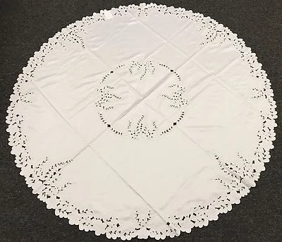  Solid White 70" Round Embroidered Cutwork Peacock Embroidery Satin Tablecloth - Image 1 of 4