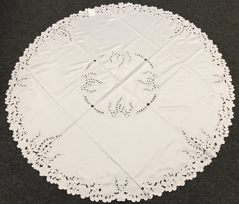 White Embroidered Peacock Embroidery Tablecloth 58" Round Wedding Bridal  - Image 1 of 4