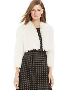 Calvin Klein Women's Shaggy Faux-fur Cropped Cardigan White Jacket Size Large - Picture 1 of 2