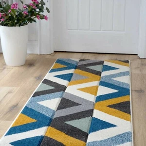 Zig Zag Geo Runner Blue Yellow Carved Modern Indoor Long Hallway Kitchen Rug Mat - Picture 1 of 18